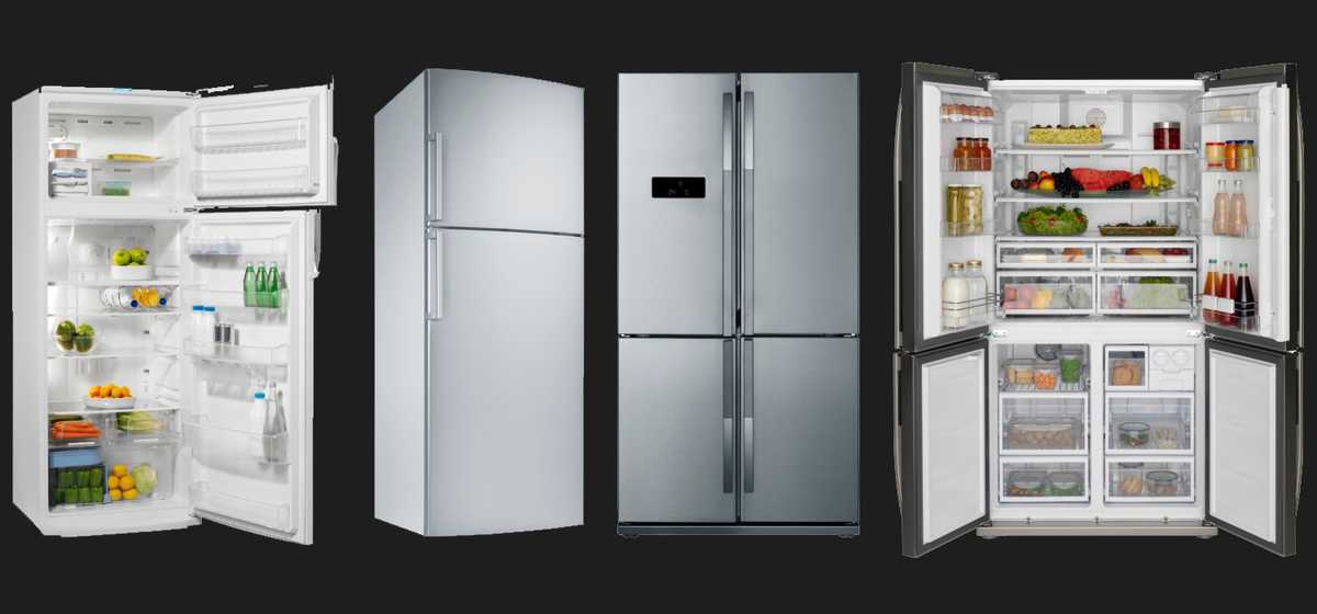 Multiple refrigerator types on a dark background